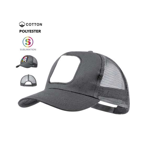 Gorra tipo trucker fabricada en resistente combinación de algodón y poliéster. Con parche frontal cosido especialmente diseñado para marcaje en sublimación. Redecilla y cierre ajustable de plástico a juego.
