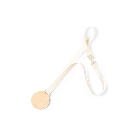 Medalla de línea nature fabricada en madera natural. Cordón fabricado en 100% algodón, con cierre de seguridad de fibra de trigo en el cuello.