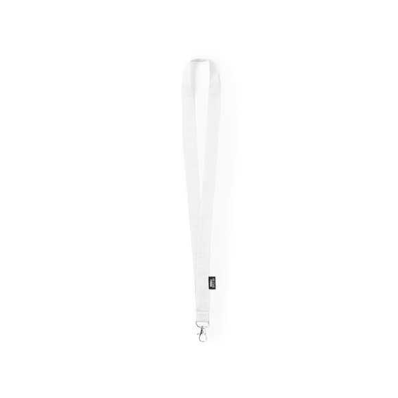 Lanyard de línea nature fabricado en resistente poliéster 300D RPET, con gancho metálico giratorio. Etiqueta con distintivo RPET y disponible en extensa gama de colores, color blanco especial para sublimación.El material RPET se elabora a partir de plástico reciclado, para así fomentar la reutilización de residuos plásticos y ayudar a la sostenibilidad del planeta.