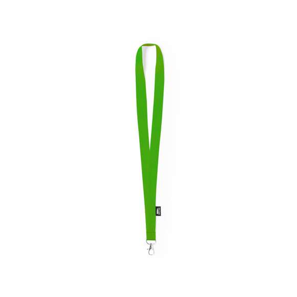 Lanyard de línea nature fabricado en resistente poliéster 300D RPET, con gancho metálico giratorio. Etiqueta con distintivo RPET y disponible en extensa gama de colores, color blanco especial para sublimación.El material RPET se elabora a partir de plástico reciclado, para así fomentar la reutilización de residuos plásticos y ayudar a la sostenibilidad del planeta.