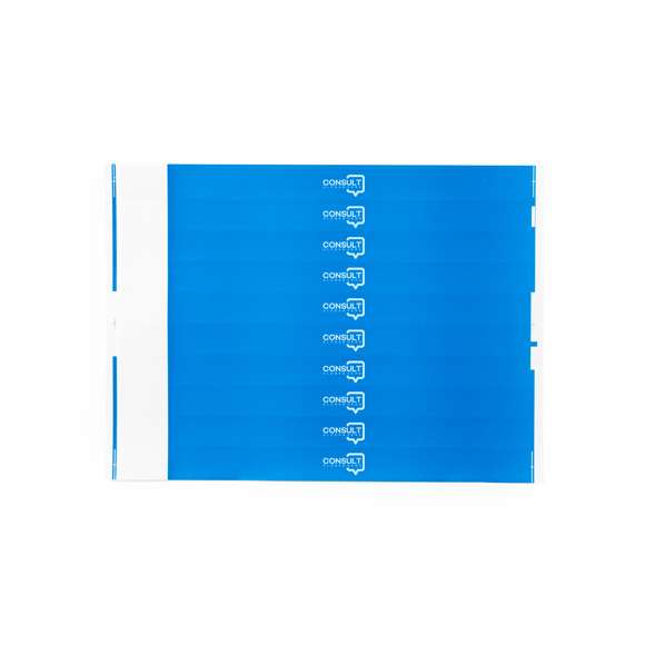 Pulsera para eventos en fibra sintética irrompible. Con cierre adhesivo de seguridad, resistente al agua y presentada en plancha troquelada de 10 piezas con numeración individual. En talla única para adulto y disponible en extensa gama de colores.