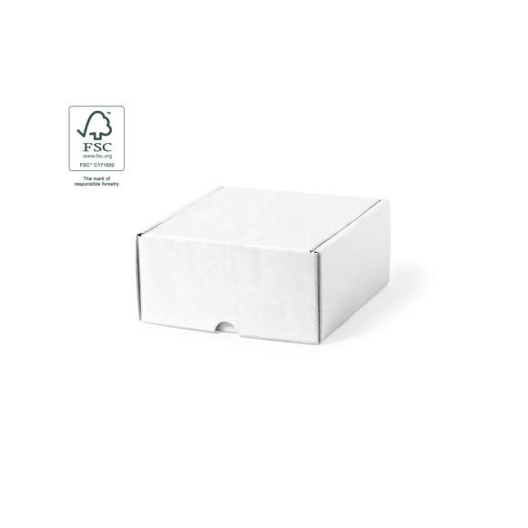 Caja de presentación tamaño S, fabricada en cartón reciclado corrugado y acabado blanco. En línea con la tendencia del mercado hacia la sostenibilidad integral del regalo, ofreciendo soluciones de origen reciclado con el fin de ayudar a la mejora y conservación de nuestro planeta.