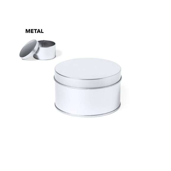 Caja de presentación formato redondo, fabricada en resistente metal de acabado plateado y con tapa a juego.