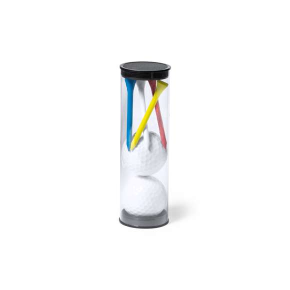 Completo set de golf de 6 accesorios. Incluye 2 pelotas blancas de doble capa y 4 tees de madera en colores amarillo, azul, blanco y rojo. Presentación en bote transparente con tapón.