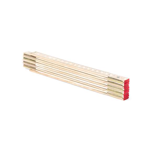 Clásica regla de carpintero fabricada en madera natural. Plegabe, con 10 segmentos y de 2 m de longitud.