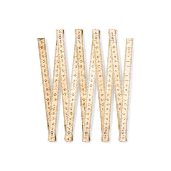 Clásica regla de carpintero fabricada en madera natural. Plegabe, con 10 segmentos y de 2 m de longitud.
