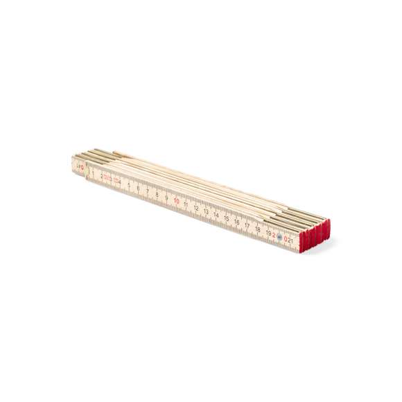 Clásica regla de carpintero fabricada en madera natural. Plegabe, con 10 segmentos y de 2 m de longitud.