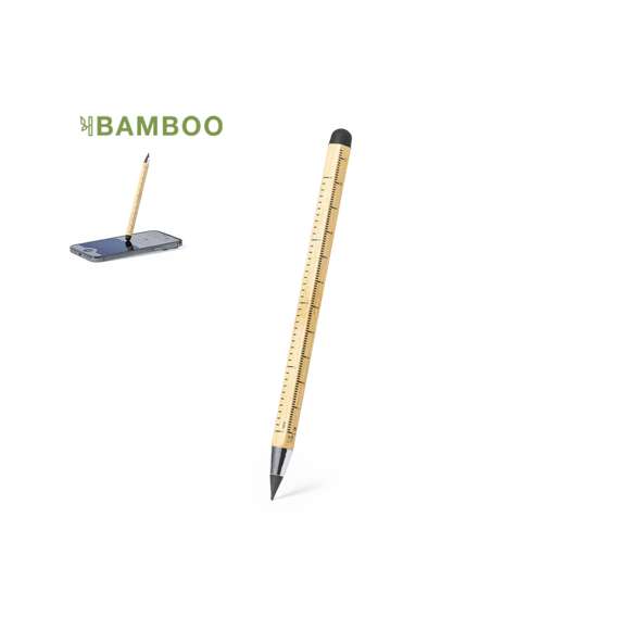 Lápiz eterno multifunción fabricado en bambú. Funciones lápiz, puntero táctil y regla, con medidas en centímetros (11) y pulgadas (4). Reutilizable y con escritura infinita, para así usar siempre el mismo lápiz y no generar residuos.
