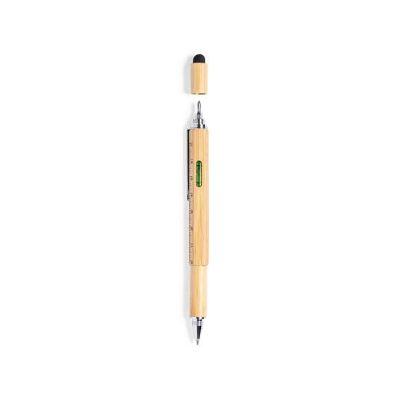 Bolígrafo multifunción de línea nature fabricado en bambú. De mecanismo giratorio y en tinta azul, con clip metálico y accesorios en cromado. Funciones bolígrafo, puntero táctil, destornillador plano y philips  nivel y regla.