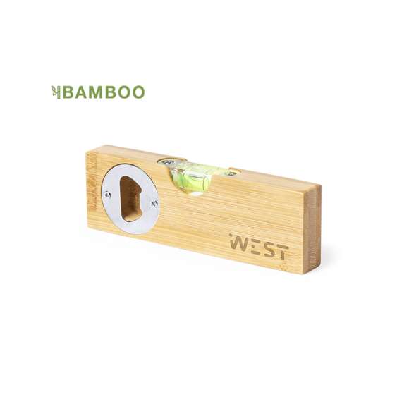 Nivel de línea nature fabricado en bambú, con abridor metálico integrado. Presentación en caja individual de diseño kraft.