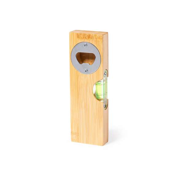 Nivel de línea nature fabricado en bambú, con abridor metálico integrado. Presentación en caja individual de diseño kraft.