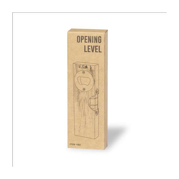 Nivel de línea nature fabricado en bambú, con abridor metálico integrado. Presentación en caja individual de diseño kraft.