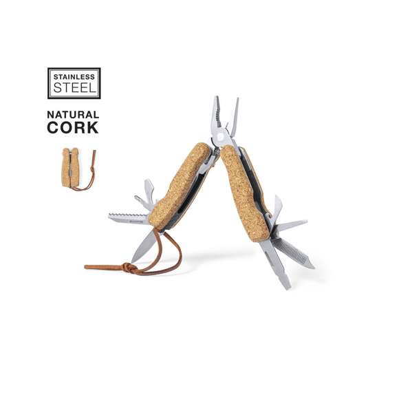 Multiherramienta de línea nature, con resistente cuerpo en acero inox y empuñadura de corcho natural. Con 12 funciones, entre otras cuchillo y navaja  destornillador con puntas planas y philips  lima  abridor y alicates. Cordón a juego en polipiel y presentada en caja individual de diseño kraft.