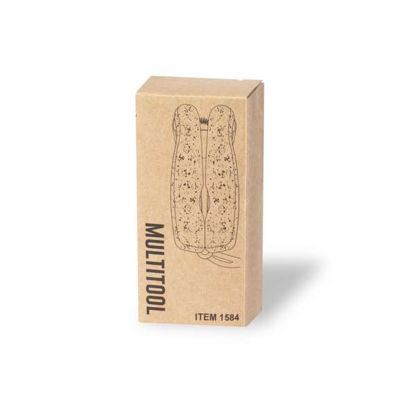 Multiherramienta de línea nature, con resistente cuerpo en acero inox y empuñadura de corcho natural. Con 12 funciones, entre otras cuchillo y navaja  destornillador con puntas planas y philips  lima  abridor y alicates. Cordón a juego en polipiel y presentada en caja individual de diseño kraft.