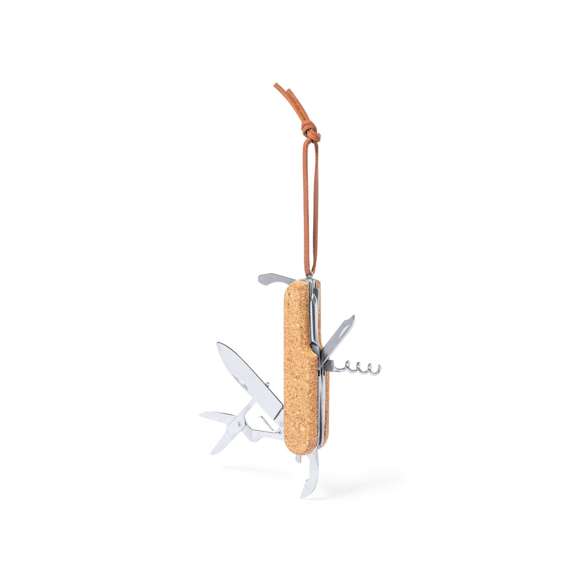 Navaja multiusos de línea nature, con resistente cuerpo en acero inox y empuñadura de corcho natural. Con 9 funciones entre otras, navaja, abridor, tijeras, lima, destornillador con puntas plana y philips, sacacorchos… Cordón a juego en polipiel y presentada en caja individual de diseño kraft.