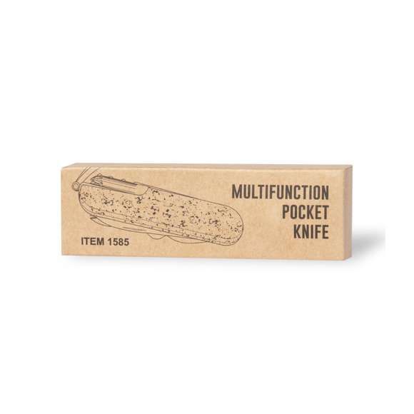 Navaja multiusos de línea nature, con resistente cuerpo en acero inox y empuñadura de corcho natural. Con 9 funciones entre otras, navaja, abridor, tijeras, lima, destornillador con puntas plana y philips, sacacorchos… Cordón a juego en polipiel y presentada en caja individual de diseño kraft.