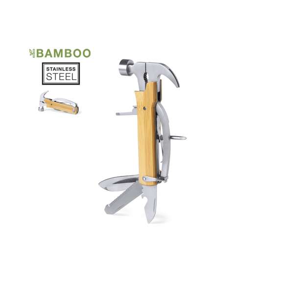 Multiherramienta de línea nature, con resistente cuerpo en acero inox y empuñadura de bambú. Con 13 funciones, entre otras martillo y sacaclavos  cuchillo y cortauñas  destornillador plano y philips  lima  abridor y alicates. Cordón a juego en polipiel y presentada en caja individual de diseño kraft.