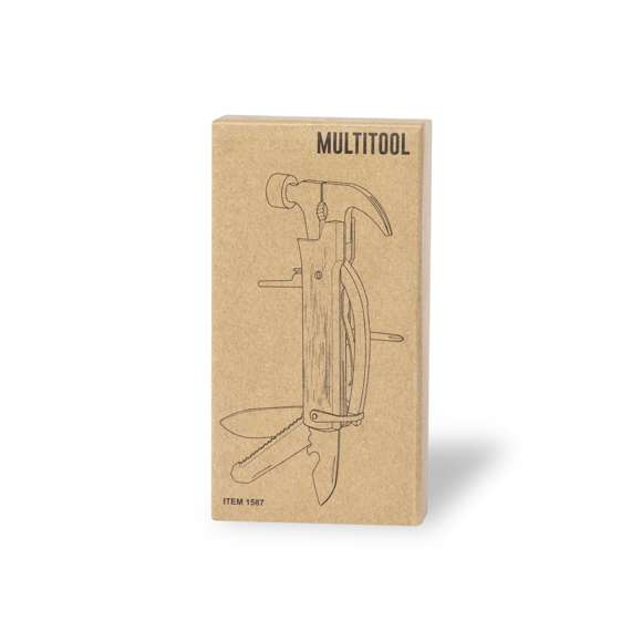 Multiherramienta de línea nature, con resistente cuerpo en acero inox y empuñadura de bambú. Con 13 funciones, entre otras martillo y sacaclavos  cuchillo y cortauñas  destornillador plano y philips  lima  abridor y alicates. Cordón a juego en polipiel y presentada en caja individual de diseño kraft.