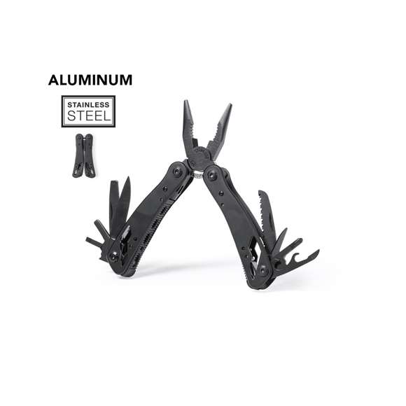 Multiherramienta con accesorios en acero inox de acabado negro y resistente empuñadura a juego en aluminio. Con 13 funciones, entre ellas cuchillo y navaja  destornillador, lima  abridor y alicates. Plegable y de tamaño compacto, presentada en caja individual de diseño negra.