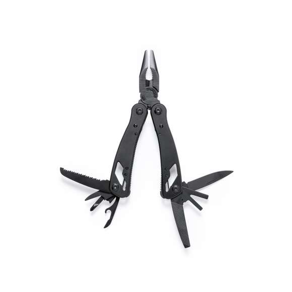 Multiherramienta con accesorios en acero inox de acabado negro y resistente empuñadura a juego en aluminio. Con 13 funciones, entre ellas cuchillo y navaja  destornillador, lima  abridor y alicates. Plegable y de tamaño compacto, presentada en caja individual de diseño negra.