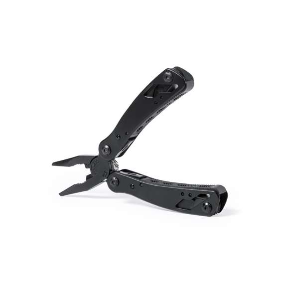 Multiherramienta con accesorios en acero inox de acabado negro y resistente empuñadura a juego en aluminio. Con 13 funciones, entre ellas cuchillo y navaja  destornillador, lima  abridor y alicates. Plegable y de tamaño compacto, presentada en caja individual de diseño negra.