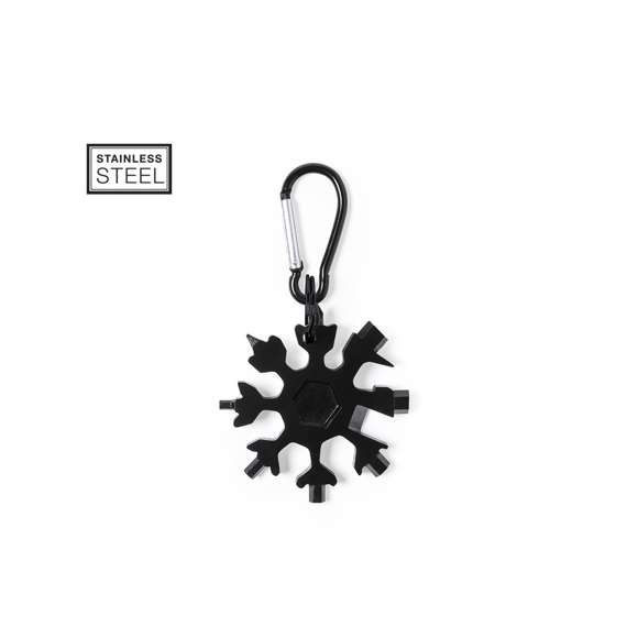 Original y práctica multiherramienta fabricada en resistente acero inox de acabado negro, con anilla y mosquetón de transporte a juego. Con 17 funciones, entre otras, destornillador puntas planas y philips  llaves hexagonales tipo allen  cuchillo y abrebotellas. Presentada en caja individual negra.