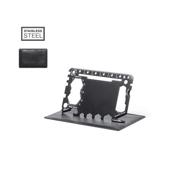 Multiherramienta con resistente cuerpo en acero inox y 17 funciones. Entre otras, funciones abrelatas, cuchillo, destornillador, regla, abrebotellas, llave inglesa, llave de mariposa y transportador de ángulos.
