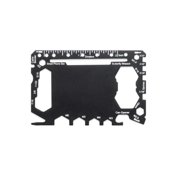 Multiherramienta con resistente cuerpo en acero inox y 17 funciones. Entre otras, funciones abrelatas, cuchillo, destornillador, regla, abrebotellas, llave inglesa, llave de mariposa y transportador de ángulos.