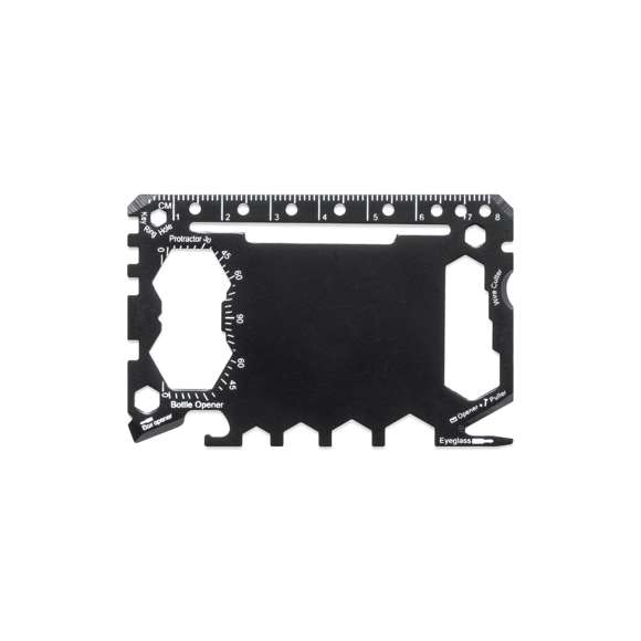 Multiherramienta con resistente cuerpo en acero inox y 17 funciones. Entre otras, funciones abrelatas, cuchillo, destornillador, regla, abrebotellas, llave inglesa, llave de mariposa y transportador de ángulos.