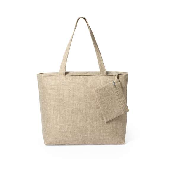 Original bolsa con neceser a juego, fabricada en resistente poliéster de acabado natural. Compartimento principal y neceser interior con cierre de cremallera. Con asas medianas de 56 x 3 cm a juego.