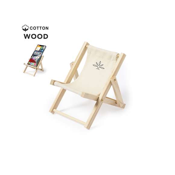 Original soporte para smartphone plegable, con estructura fabricada en madera y tela en 100% algodón de acabado natural.