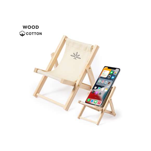 Original soporte para smartphone plegable, con estructura fabricada en madera y tela en 100% algodón de acabado natural.