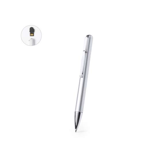 Bolígrafo USB fabricado en resistente ABS de acabado metalizado brillante. Con memoria USB de 16GB de capacidad integrada en la parte superior y clip metálico. De mecanismo giratorio, con cartucho jumbo y en tinta azul. Presentado en caja individual negra.