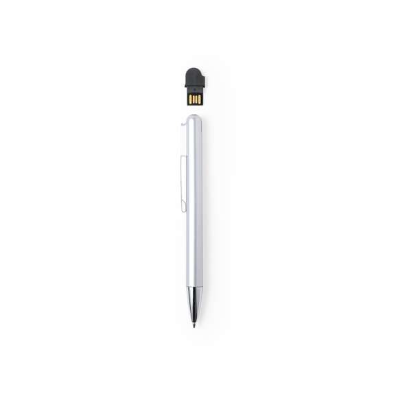 Bolígrafo USB fabricado en resistente ABS de acabado metalizado brillante. Con memoria USB de 16GB de capacidad integrada en la parte superior y clip metálico. De mecanismo giratorio, con cartucho jumbo y en tinta azul. Presentado en caja individual negra.