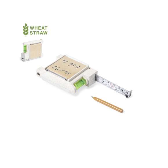 Flexómetro 3 m multifunción de línea nature, con carcasa fabrcada en caña de trigo. Con nivel integrado, soporte para bolígrafo (bolígrafo incluido) y bloc con 12 notas adhesivas en color natural. Con freno, clip metálico para cinturón y hoja con medidas en centímetros y pulgadas. Presentación en caja individual de diseño kraft.La caña de trigo fomenta la utilización de materias primas naturales, reduciendo así las emisiones contaminantes.