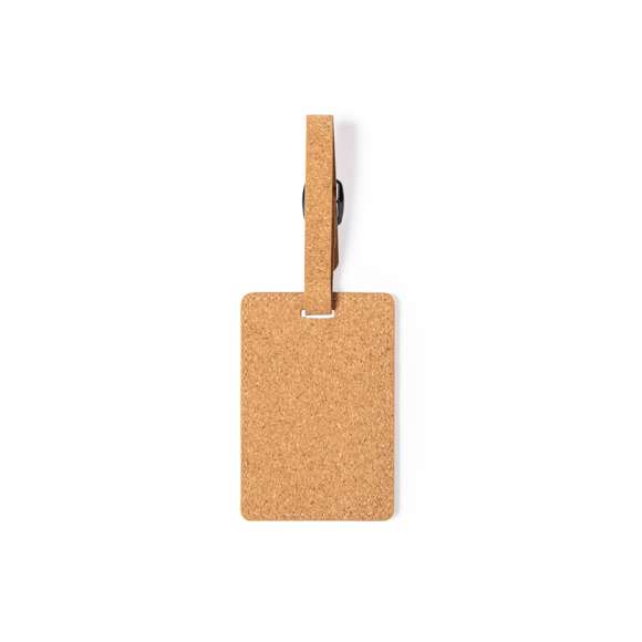 Identificador para maletas de línea nature fabricado en corcho natural. Cinta de acople con cierre de hebilla metálica y tarjeta de identificación en inglés.