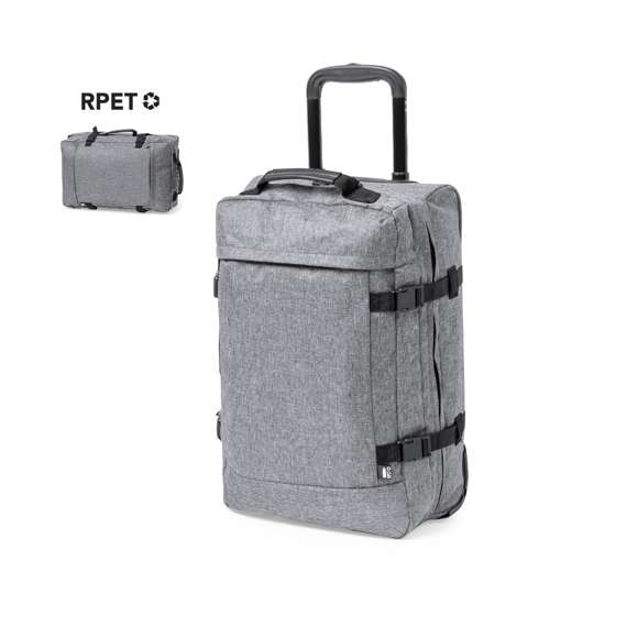 Trolley de línea nature fabricado en resistente 300D RPET. Compartimento principal con cierre de cremallera de doble tirador conforme a los estándares TSA -Administración de la Seguridad en el Transporte-, que permite a las autoridades de aduanas inspeccionar el contenido del equipaje sin tener que forzar o romper el cierre, usando una llave especial a disposición de la autoridad. Interior forrado y con cintas elásticas de sujeción. Exterior con 2 cintas ajustables, cierres de hebilla, bolsillo frontal con cierre de cremallera invisible y 2 asas acolchadas de transporte. Mecanismo extensible metálico en negro, con cómoda asa de transporte y 2 ruedas. Distintivo RPET en etiqueta exterior.