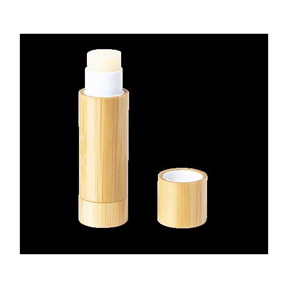 Bálsamo labial de línea nature, con aroma vainilla y protección SPF15. En envase dosificador de bambú con capucha.