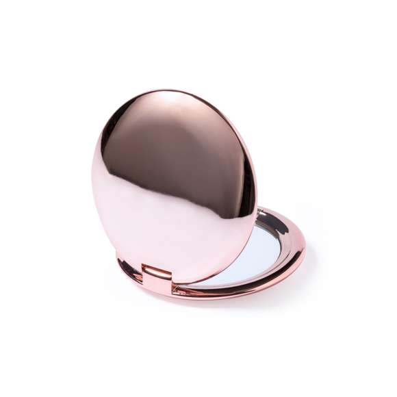 Espejo plegable en elegante acabado metalizado. Con dos espejos interiores (1X y aumento 2X), disponible en colores dorado, plateado y oro rosa.