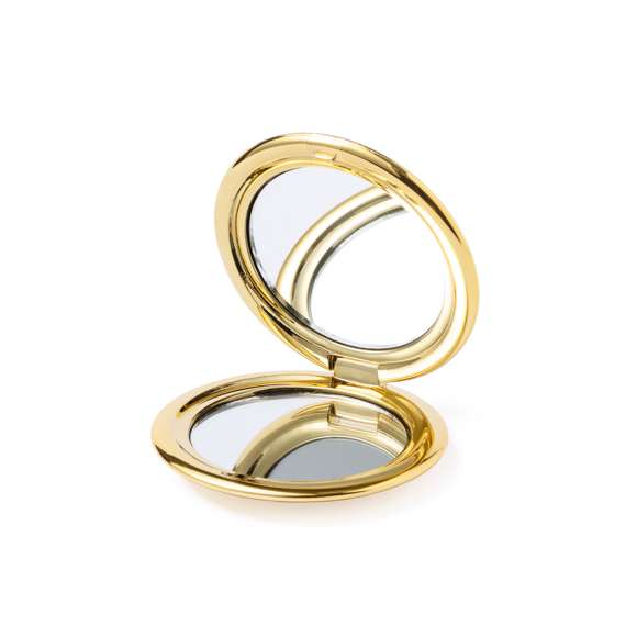Espejo plegable en elegante acabado metalizado. Con dos espejos interiores (1X y aumento 2X), disponible en colores dorado, plateado y oro rosa.