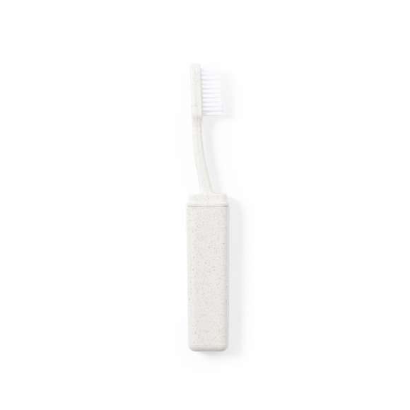 Cepillo de dientes plegable y de línea nature. Fabricado en caña de trigo, para así fomentar la utilización de materias primas naturales y reducir las emisiones contaminantes.