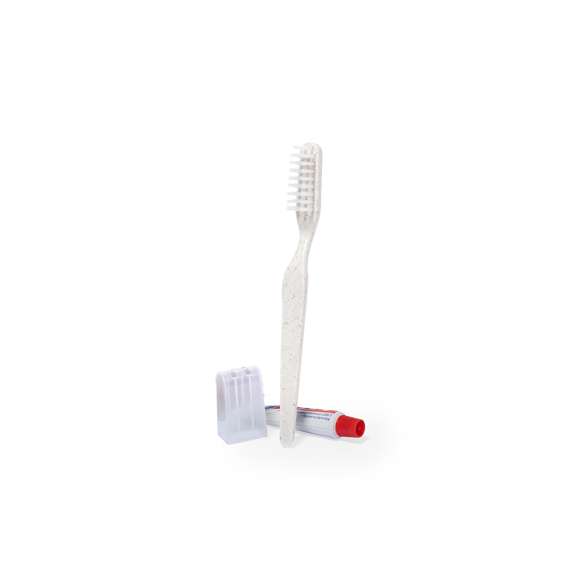 Set dental con cepillo de dientes y pasta dentífrica. Contenido:Cepillo de dientes fabricado en caña de trigo, para así fomentar la utilización de materias primas naturales y reducir las emisiones contaminantes.Pasta dentífrica en tubo de 6 gr, con tapón a rosca.Set presentado en estuche individual de cartón reciclado.