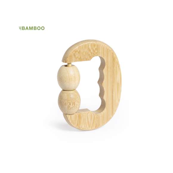 Masajeador de línea nature, fabricado en en bambú. Con 2 bolitas masajeadoras a juego y asa ergonomica. Presentación en caja individual de diseño kraft.