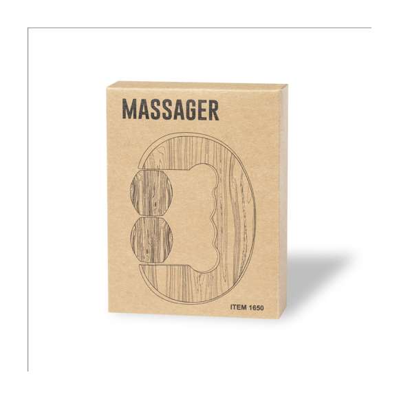 Masajeador de línea nature, fabricado en en bambú. Con 2 bolitas masajeadoras a juego y asa ergonomica. Presentación en caja individual de diseño kraft.