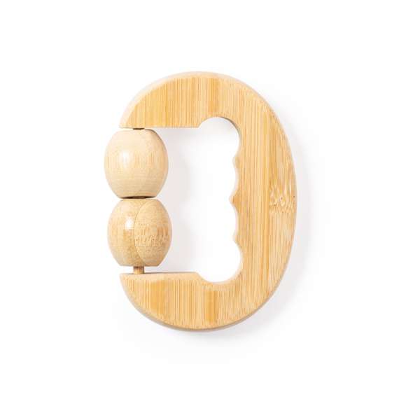 Masajeador de línea nature, fabricado en en bambú. Con 2 bolitas masajeadoras a juego y asa ergonomica. Presentación en caja individual de diseño kraft.