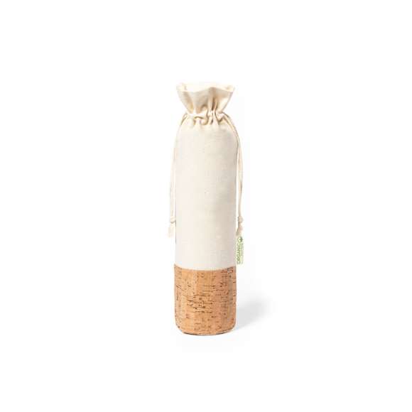 Bolsa para botellas de línea nature. Fabricada en algodón orgánico 100%, con cierre de cordón y base en corcho natural. Ideal para botellas de 750 ml.