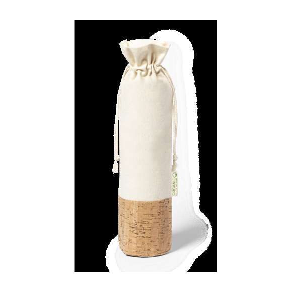 Bolsa para botellas de línea nature. Fabricada en algodón orgánico 100%, con cierre de cordón y base en corcho natural. Ideal para botellas de 750 ml.