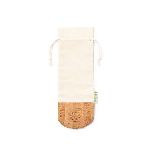Bolsa para botellas de línea nature. Fabricada en algodón orgánico 100%, con cierre de cordón y base en corcho natural. Ideal para botellas de 750 ml.
