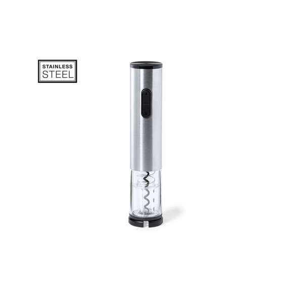Sacacorchos eléctrico fabricado en acero inox y resistente ABS, con cortacápsulas incluido. Presentado en caja individual de diseño, con manual de instrucciones en español e inglés. Alimentación a pilas (4xAA no incluidas).
