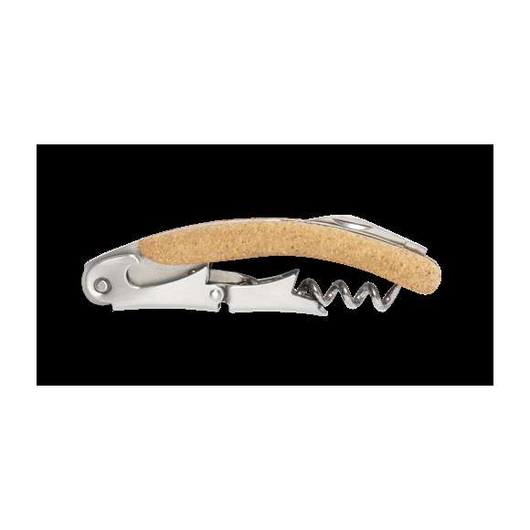 Sacacorchos de 2 tiempos fabricado en acero inox, con mango en corcho natural y cortacápsulas integrado. Presentado en caja individual de diseño kraft.